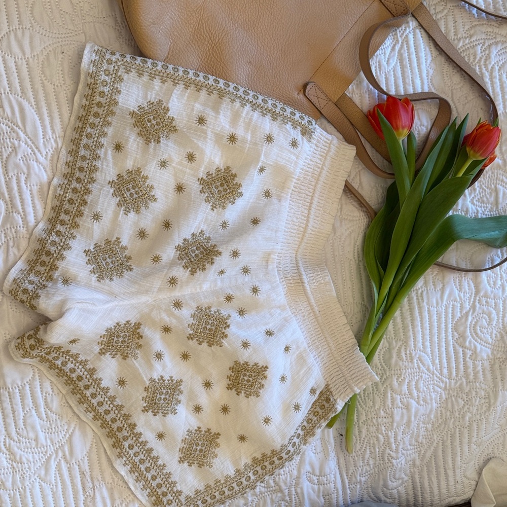 J. Crew Cream Shorts with Gold Embroidered Pattern - Picture 2 of 4